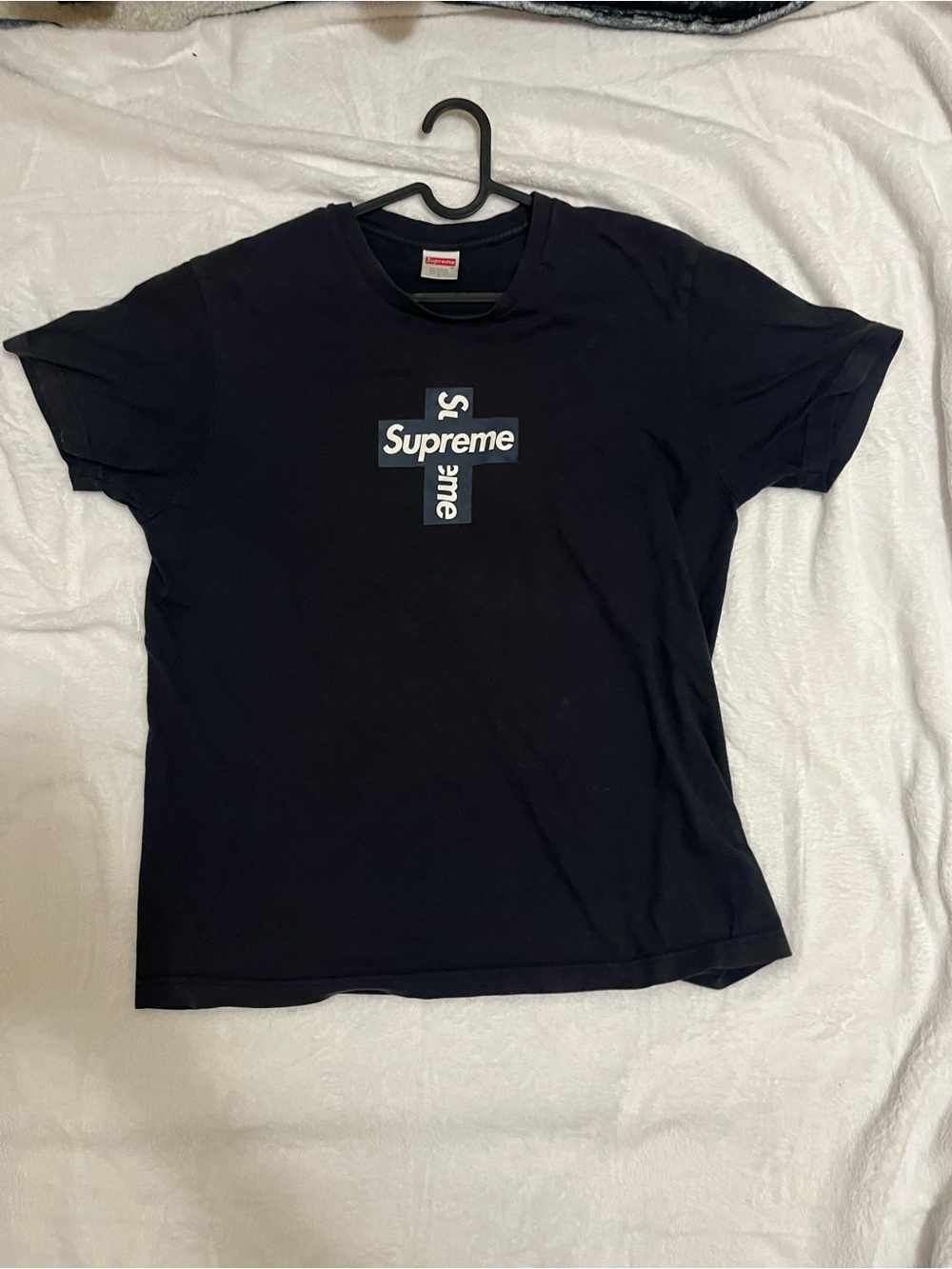 Supreme Black Tee with White and Light Blue Cross Logo